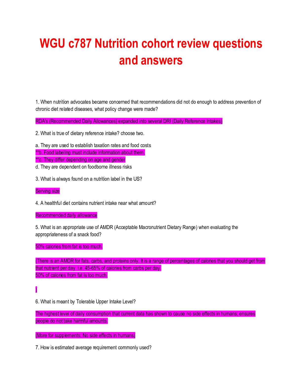 Preview image for WGU c787 Nutrition cohort review questions and answers